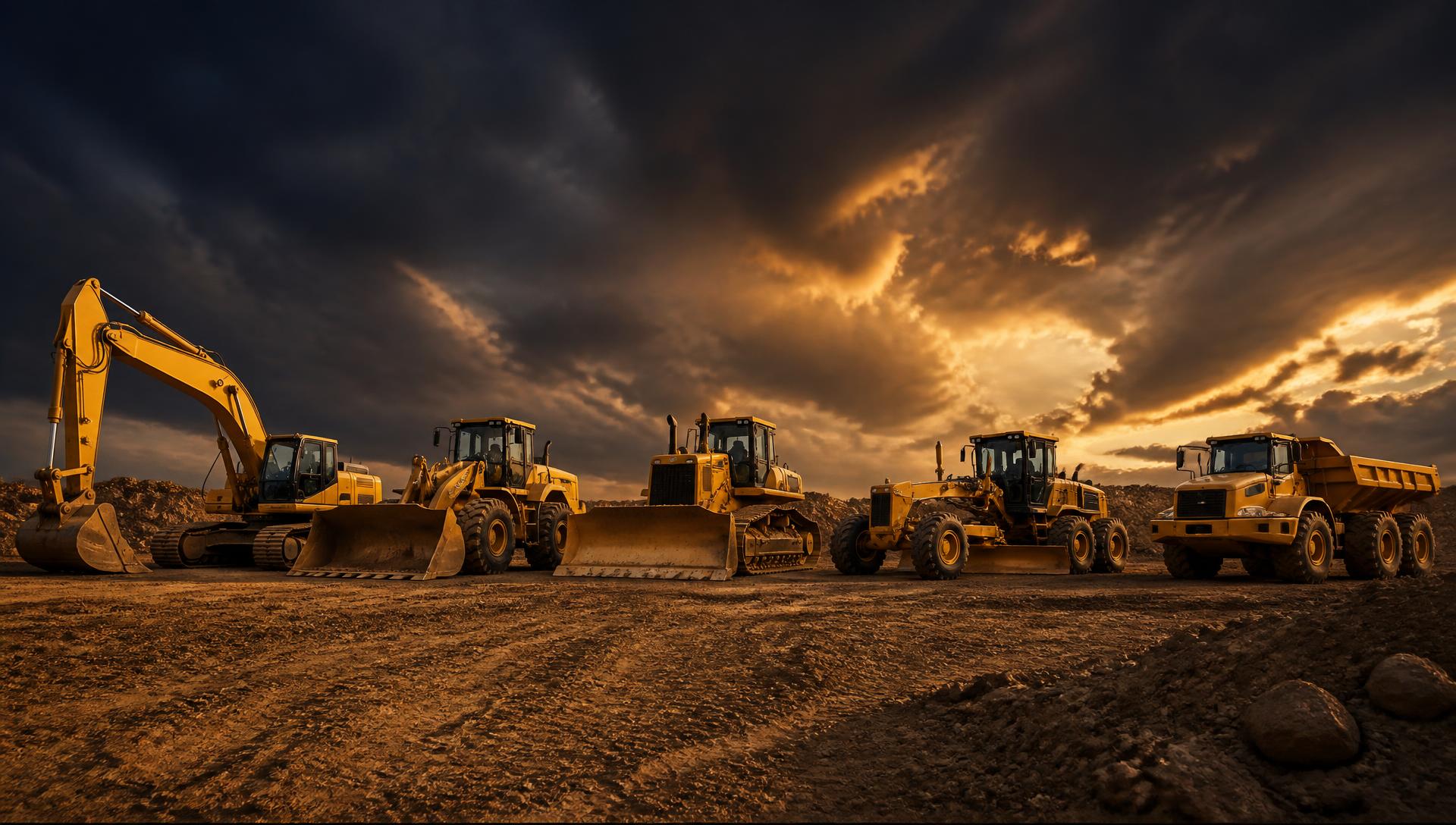 Excavators, wheel loaders, bulldozers, graders and dump trucks on a construction site at sunset